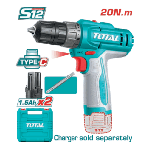 TALADRO 12V 1500rpm 20Nm TOTAL Maletín y 2 Baterías carga tipo C