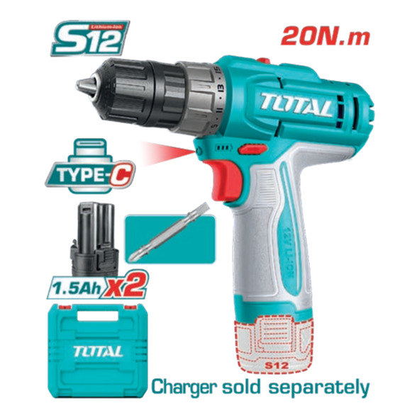 TALADRO 12V 1500rpm 20Nm TOTAL Maletín y 2 Baterías carga tipo C