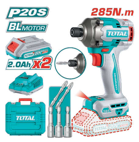 ATORNILLADOR DE IMPACTO 20V BL 1/4 285Nm TOTAL (Maletín, Cargador y 2 Baterías 2Ah)