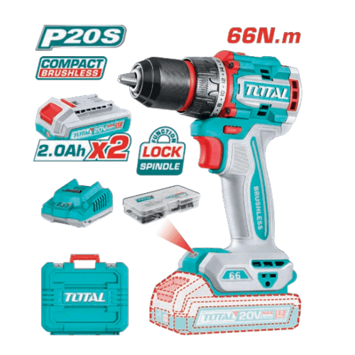 TALADRO PERCUTOR 20V BL 2000rpm 66Nm TOTAL (Maletín, Cargador y 2 Baterías 2Ah)