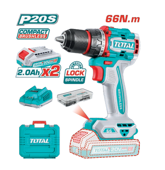 TALADRO PERCUTOR 20V BL 2000rpm 66Nm TOTAL (Maletín, Cargador y 2 Baterías 2Ah)