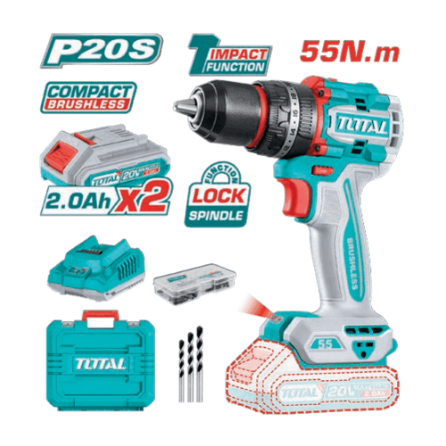 TALADRO PERCUTOR 20V BL 2000rpm 55Nm TOTAL (Maletín, Cargador y 2 Baterías 2Ah)